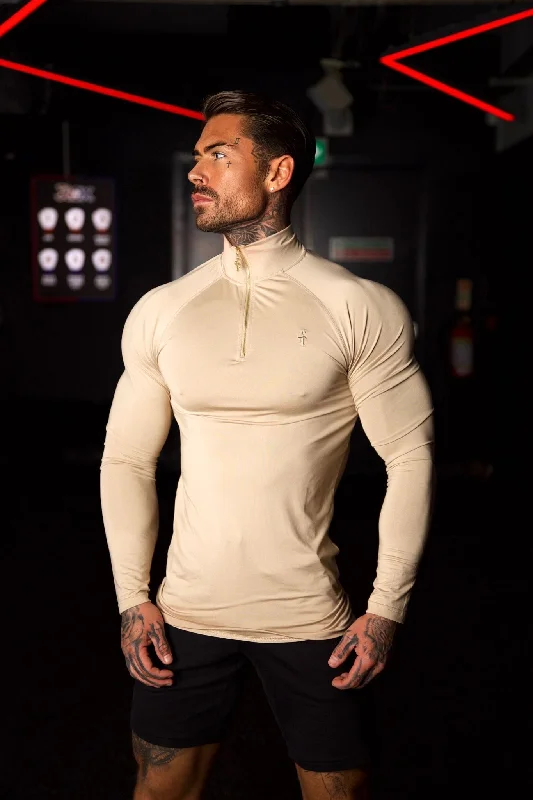 Men’s short-sleeve quid tops-Father Sons Long Sleeve Beige / Gold Half Zip Gym Top - FSH892