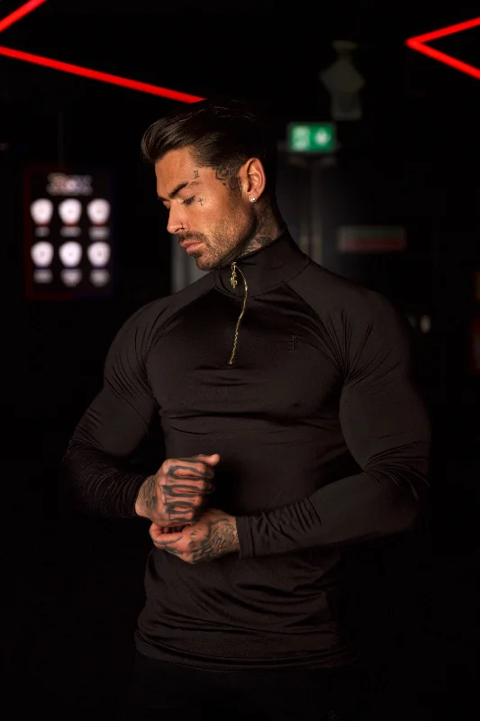 Father Sons Long Sleeve Solid Black / Gold Half Zip Gym Top - FSH887