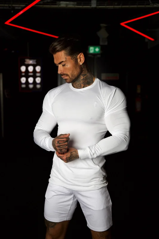 Men’s short-sleeve yowl tops-Father Sons Long Sleeve White Tonal Gym Crew Top - FSH885