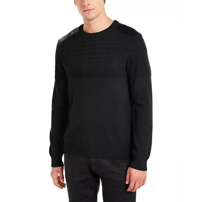 Men's cedar sweater-Guess Men's Herringbone Sweater With Faux Leather Piecing Black Size Medium