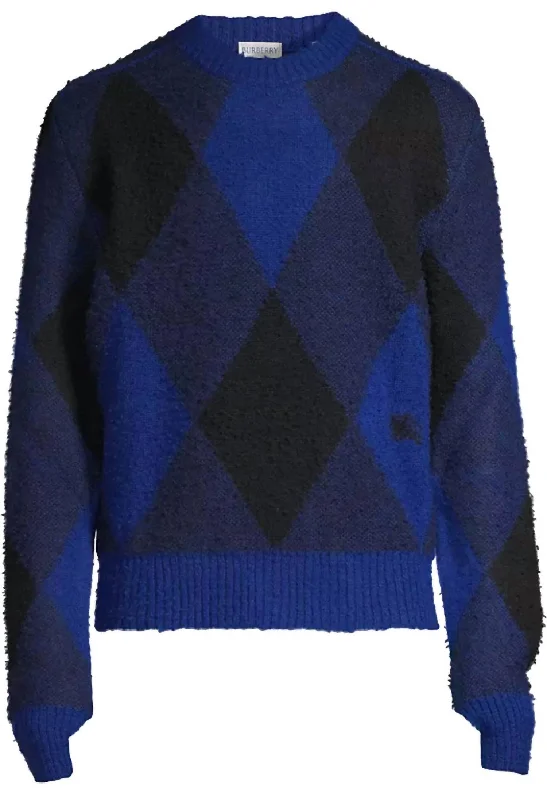 Men's aquamarine sweater-Men's Argyle Check Ekd Wool Pullover Sweater In Blue