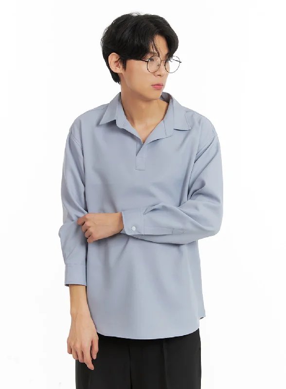 Men’s short-sleeve xing shirts-Men's Solid V-Neck Long Sleeve Shirt IA401