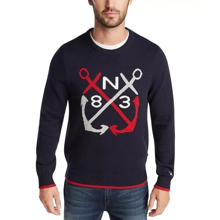 Men's puff sweater-Nautica Men's Blue Sail Classic-Fit Anchor Graphic Sweater Dark Blue Size Large