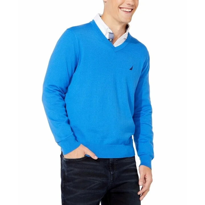 Men's emblem sweater-Nautica Men's Lightweight Jersey V-Neck Sweater Blue Size X-Large