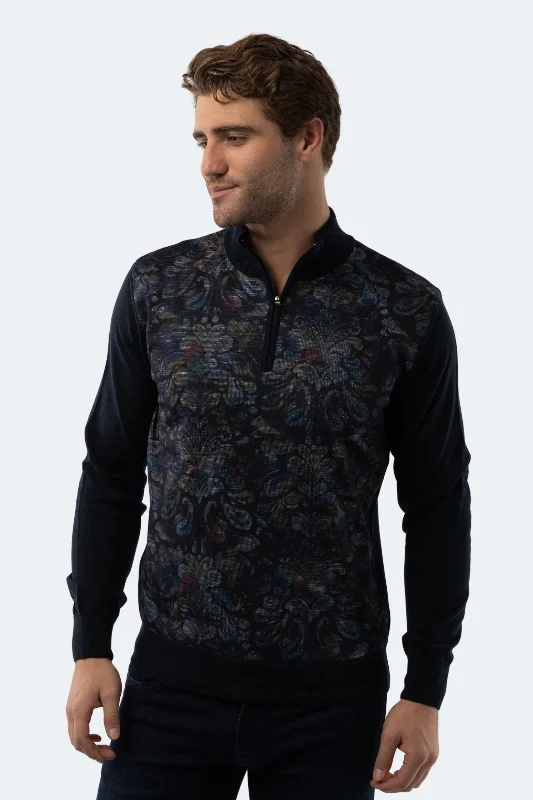 Men's silt knit sweater-Navy Paisley Quarter Zip