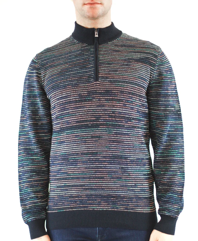 Men's escarpment sweater-Navy with Peach Multicolor Stripes, 3/4 zip