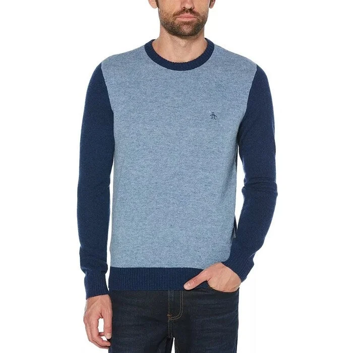 Men's banyan sweater-Original Penguin Men's Colorblocked Wool Sweater Blue Size X-Large