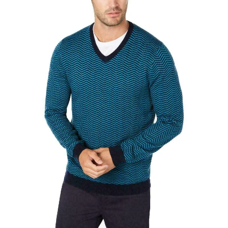 Men's brioche stitch sweater-Tasso Elba Men's Merino Herringbone Sweater Blue Size Small