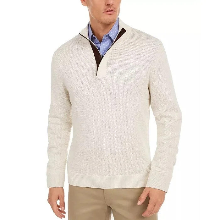 Men's clay red sweater-Tasso Elba Men's Supima Cotton Textured 1/4-Zip Sweater Beige Size Large