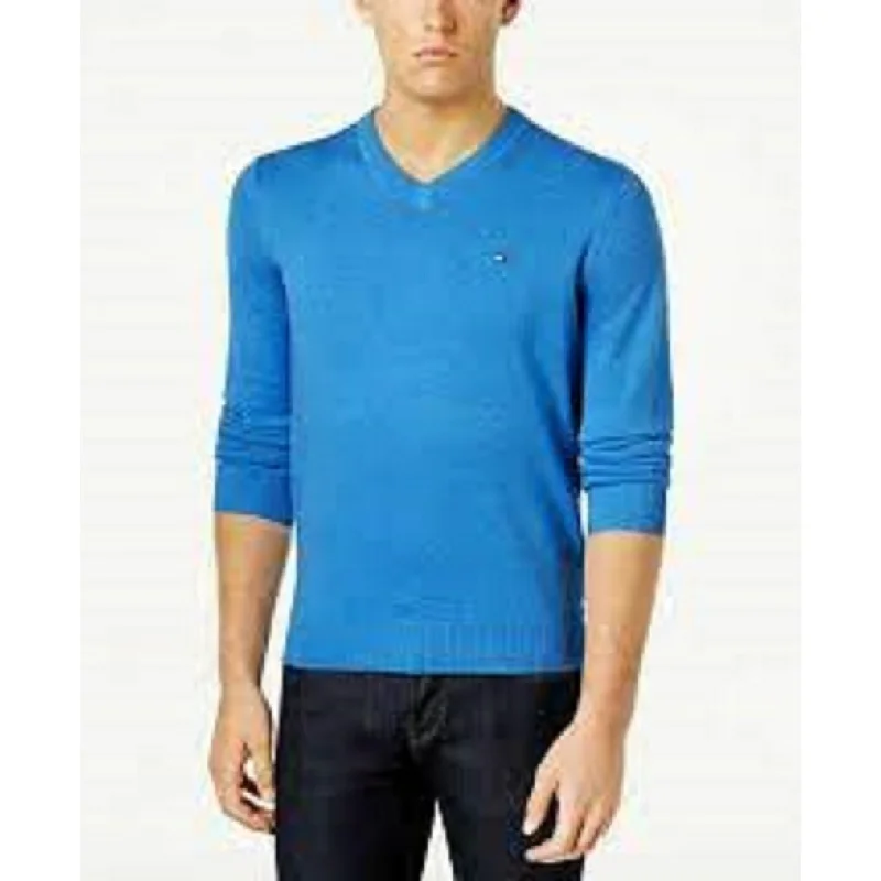 Men's brioche stitch sweater-Tommy Hilfiger Men's Signature Regular-Fit Solid V-Neck Sweater Blue Size Extra Small - X-Small