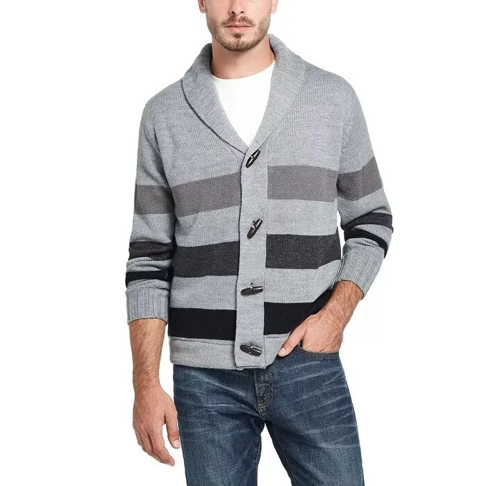 Men's seashell sweater-Weatherproof Vintage Men's Stripe Toggle Shawl Collar Sweater Grey Size Small