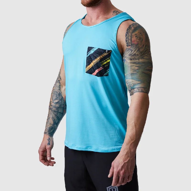 Men’s short-sleeve gauzy tops-Athleisure Pocket Tank (Tahiti Blue-90's Vibes)