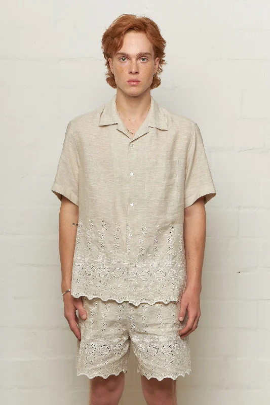 Men’s short-sleeve lurk shirts-Ture Embroidered Shirt Linen White