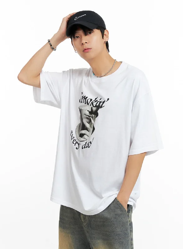 Men’s short-sleeve mire tops-Men's Cotton Graphic Oversize T-Shirt (White) IG402