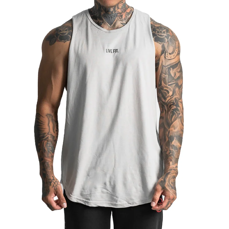 Men’s short-sleeve keel tops-Stamped Long Body Cutoff Tank - Smoke