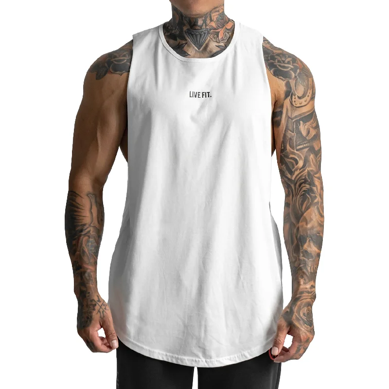 Men’s short-sleeve harp tees-Stamped Long Body Cutoff Tank - White