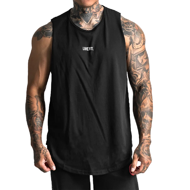 Men’s short-sleeve etch polos-Stamped Long Body Cutoff Tank - Black