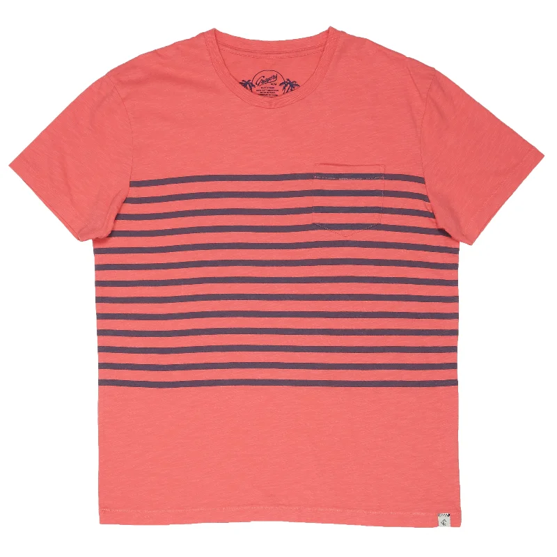 Men’s short-sleeve sleek fit tops-Breton Stripe Tee - Navy Print on Faded Red