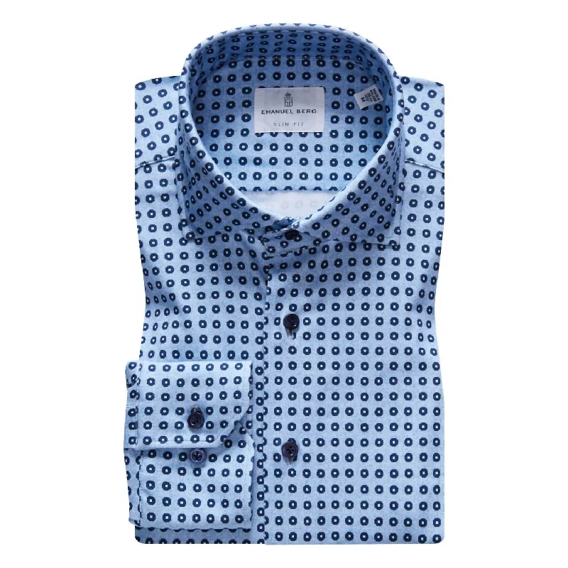 Men's bold etched shirts-Byron 4Flex Jersey Cotton Shirt In Blue Geometric