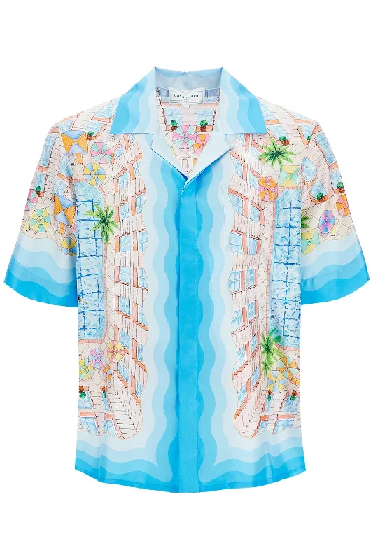 Men's relaxed ticking-stripe shirts-Casablanca Men's Short-Sleeved Silk Shirt