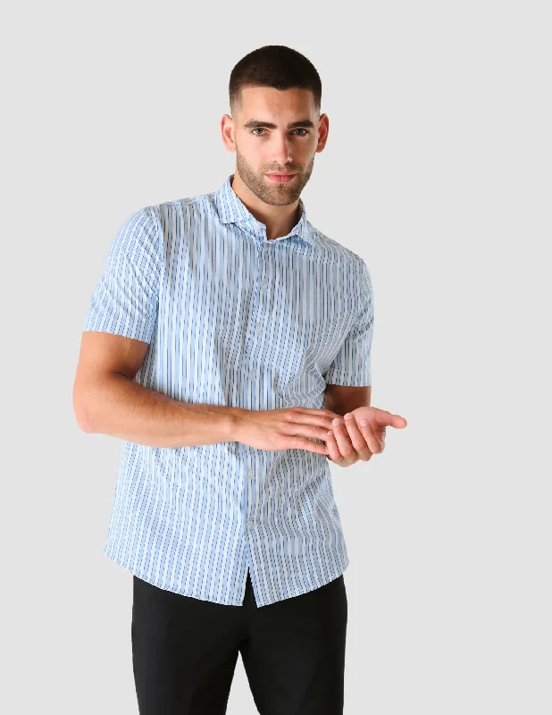 Men's formal micro-grid shirts-Classic Short-Sleeved Twill Shirt Light Blue Stripes