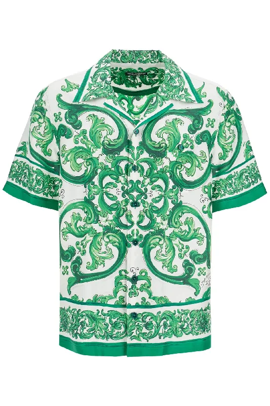 Men's luxury misty shirts-Dolce & Gabbana Men's Hawaii Silk Twill Maiolica Print Shirt