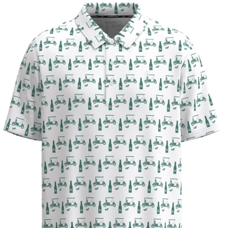 Men’s short-sleeve jute shirts-Hooey Men's "The Weekender" Short Sleeve Golf Cart & Drink Print Polo in White