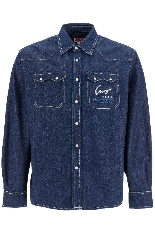 Men's relaxed hopsack shirts-Kenzo Men's blue Western Shirt For Men