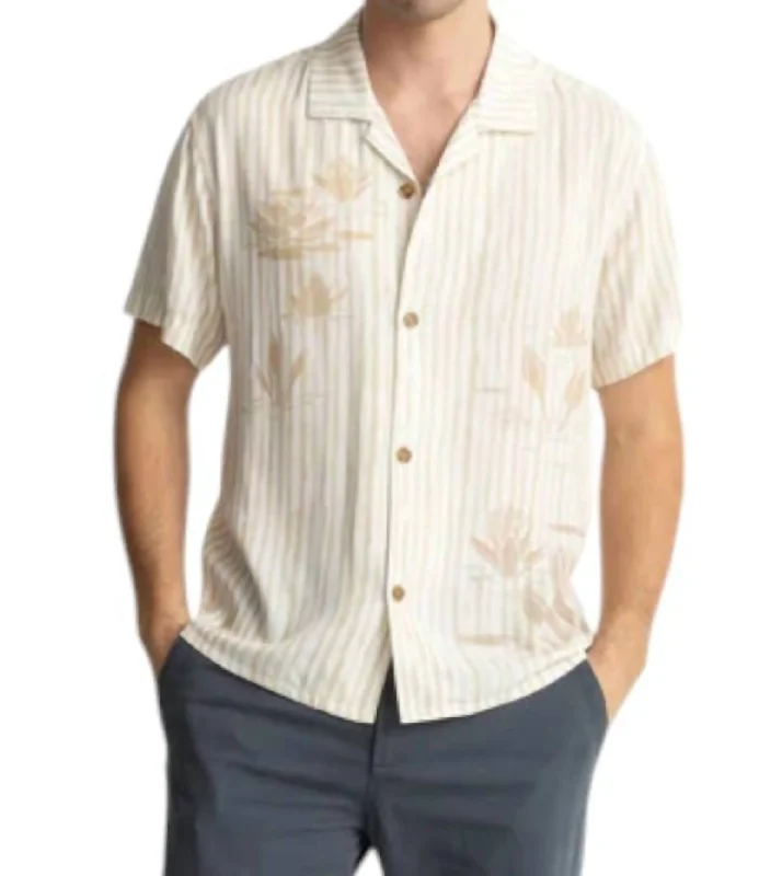 Men's subtle micro-damask shirts-Lily Stripe Cuban Short Sleeve Shirt In Camel