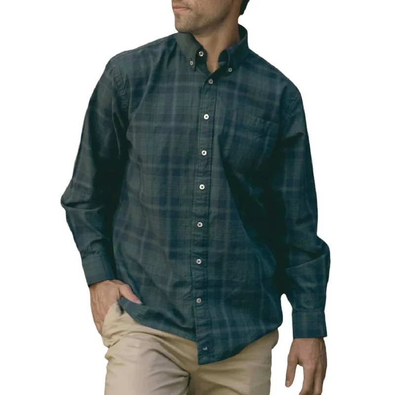 Men's subtle ditsy shirts-Lubbock Washed Plaid Dress Shirt In Navy/dark Green