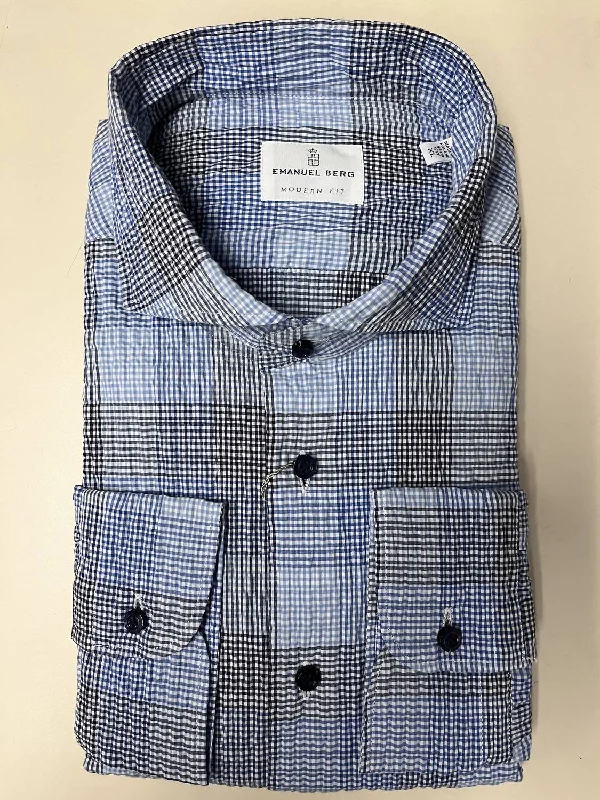 Men's relaxed oxford-weave shirts-Marselie Crinkle Shirt In Blue Plaid