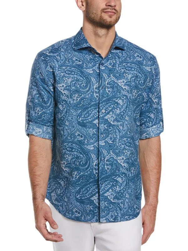 Men's formal micro-wave shirts-Mens Paisley Linen Button-Down Shirt