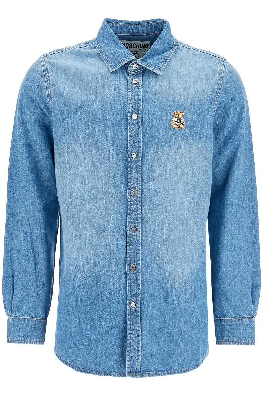 Men's trendy v-neck shirts-Moschino Men's blue Shirt With Patch Details