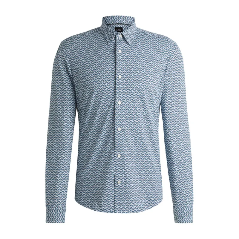 Men's stylish shawl-collar shirts-Slim-fit shirt in printed performance-stretch fabric