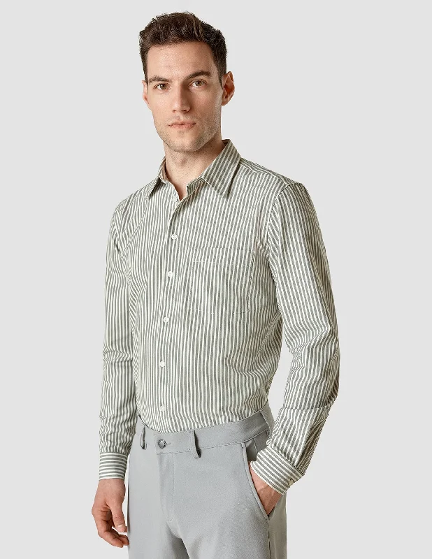 Men's classic loop-collar shirts-Tech Linen Casual Shirt Green Stripe