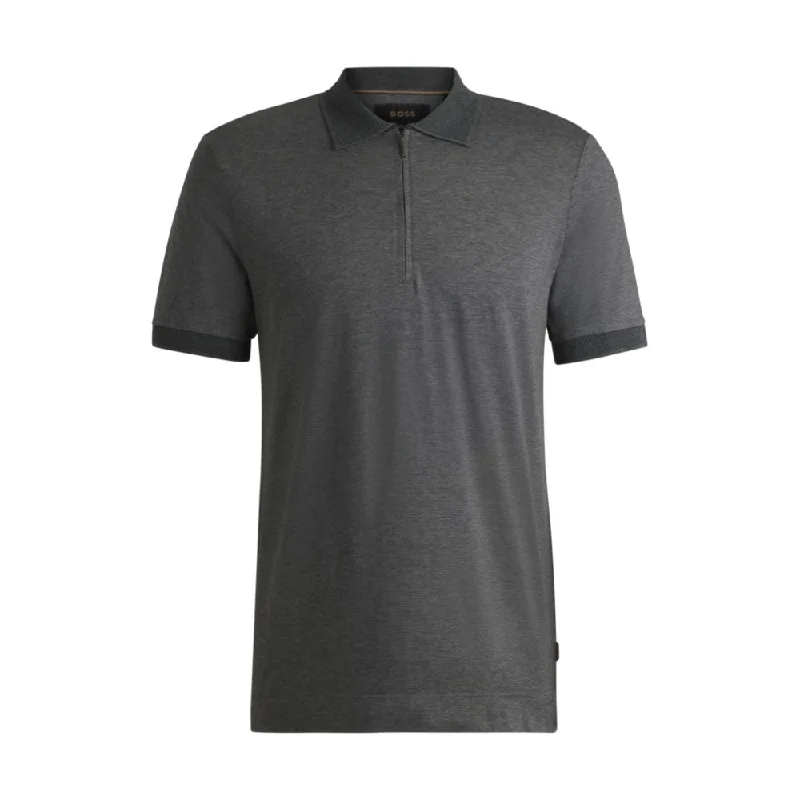 Men’s short-sleeve heft shirts-Zip-placket polo shirt in cotton and silk