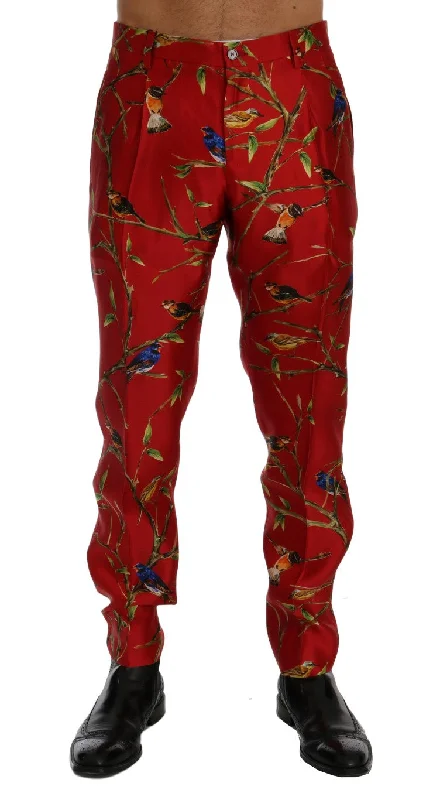 Men's fiery red pants-Dolce & Gabbana Elegant Silk Dress Trousers in  Bird Men's Print